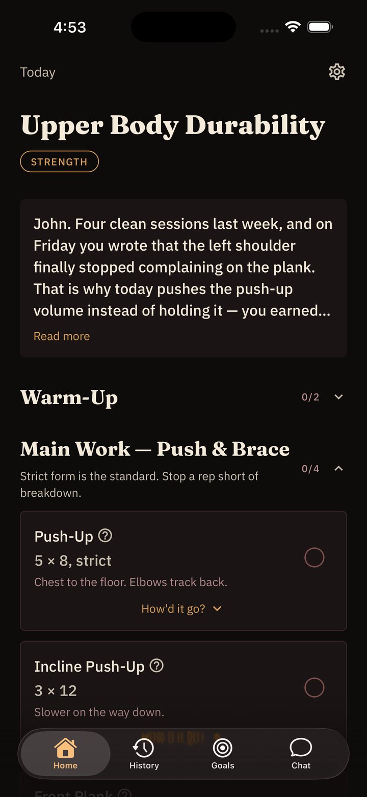 Today's mission on screen — the session title, the coach's note on why today looks the way it does, then warm-up and main work with cues.