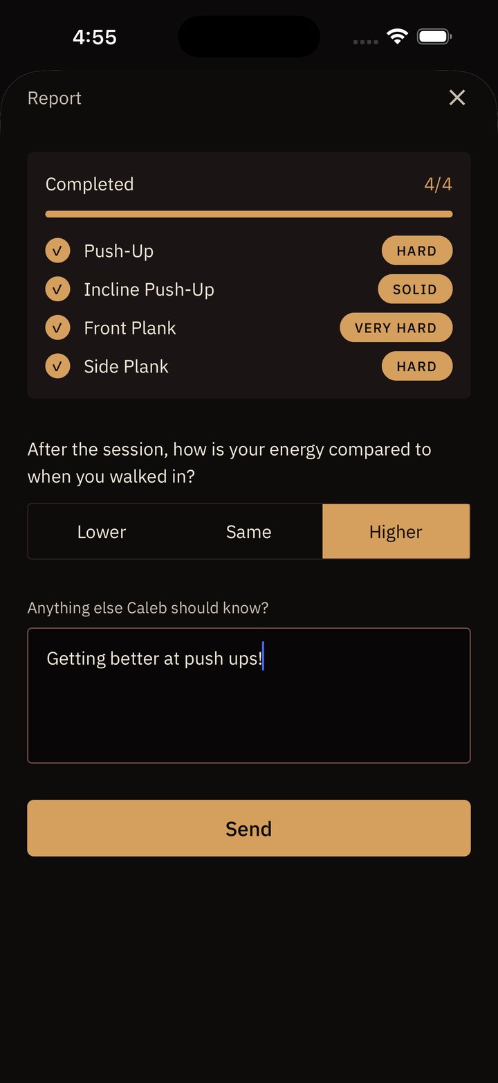 The report screen — every exercise marked done with how hard it felt, an energy check, and a box for anything else the coach should know.